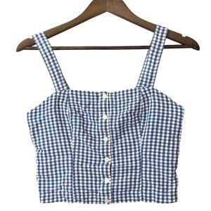 Levis Womens Gingham Crop Tank Top S Blue White Button Front Smocked Cottagecore
